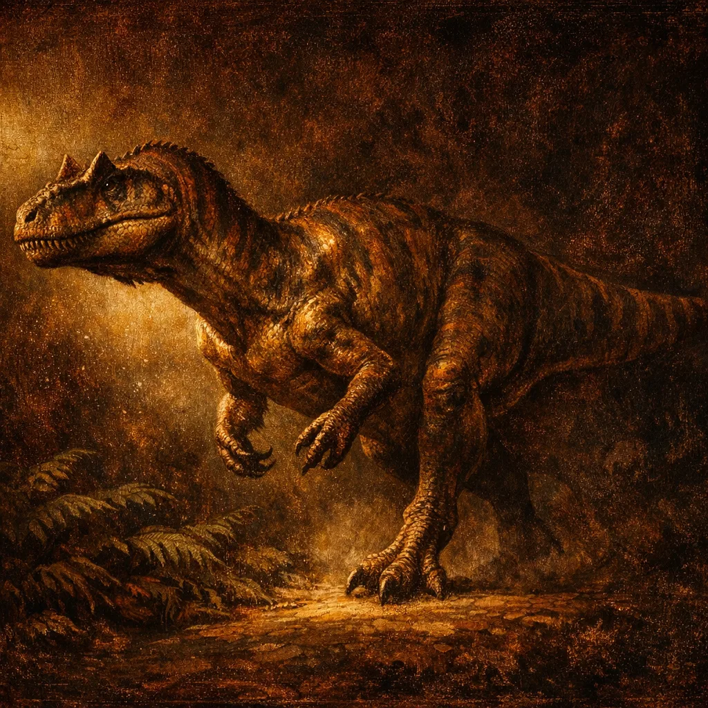Allosaurus — Dutch Master: Rembrandt chiaroscuro, firelight and deep shadow