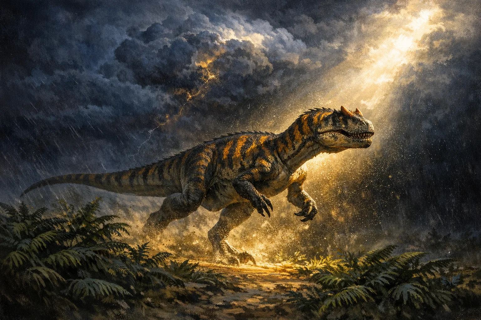 Allosaurus — Storm Light: Dramatic storm-lit cinematic paleoart