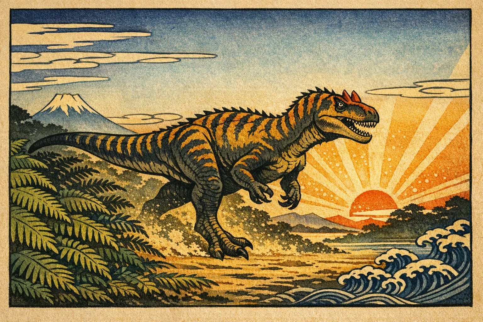 Allosaurus — Ukiyo-e: Japanese woodblock, flat colour and carved line