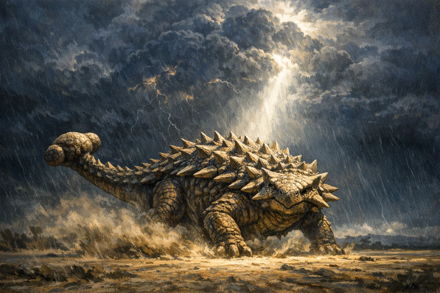 Ankylosaurus — Storm Light: Dramatic storm-lit cinematic paleoart