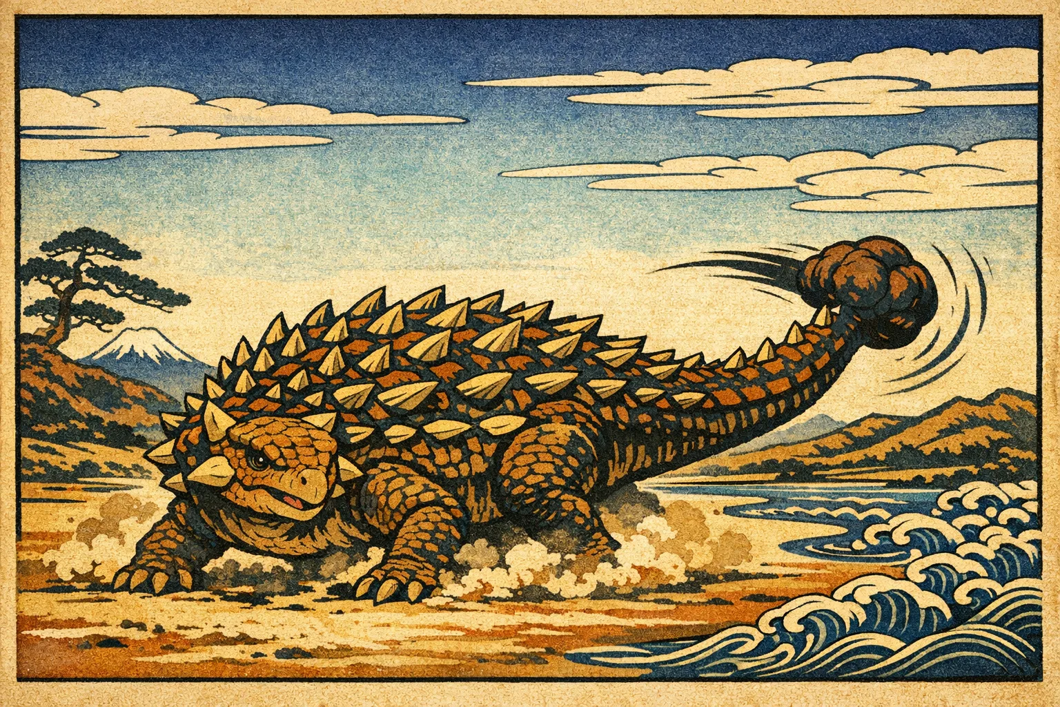 Ankylosaurus — Ukiyo-e: Japanese woodblock, flat colour and carved line