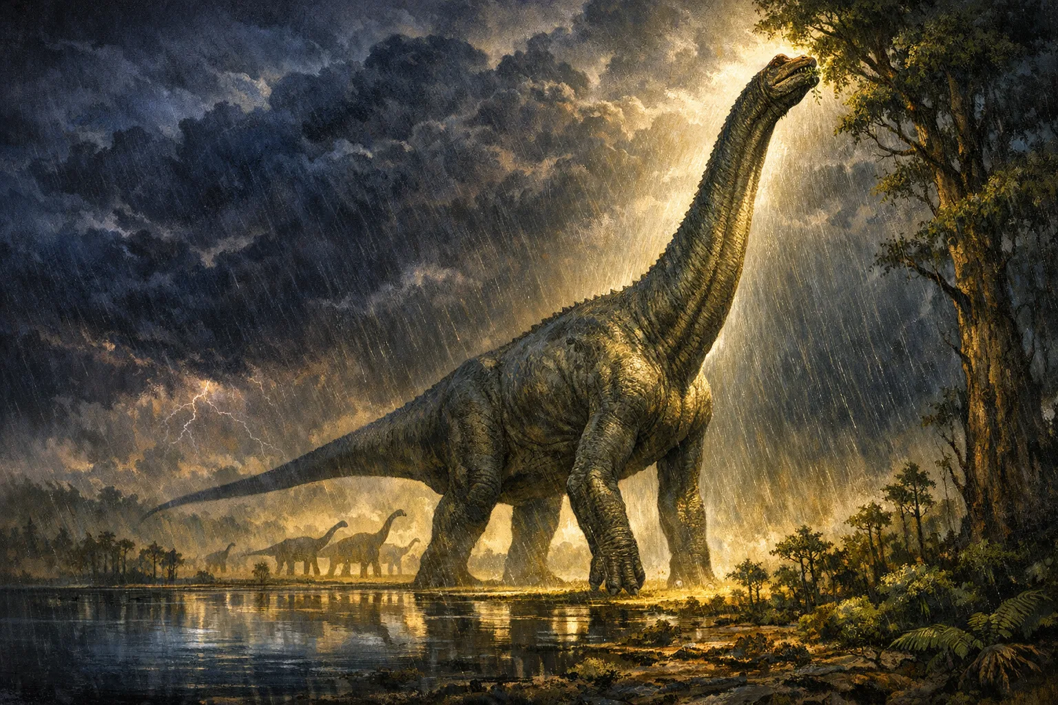 Brachiosaurus — Storm Light: Dramatic storm-lit cinematic paleoart