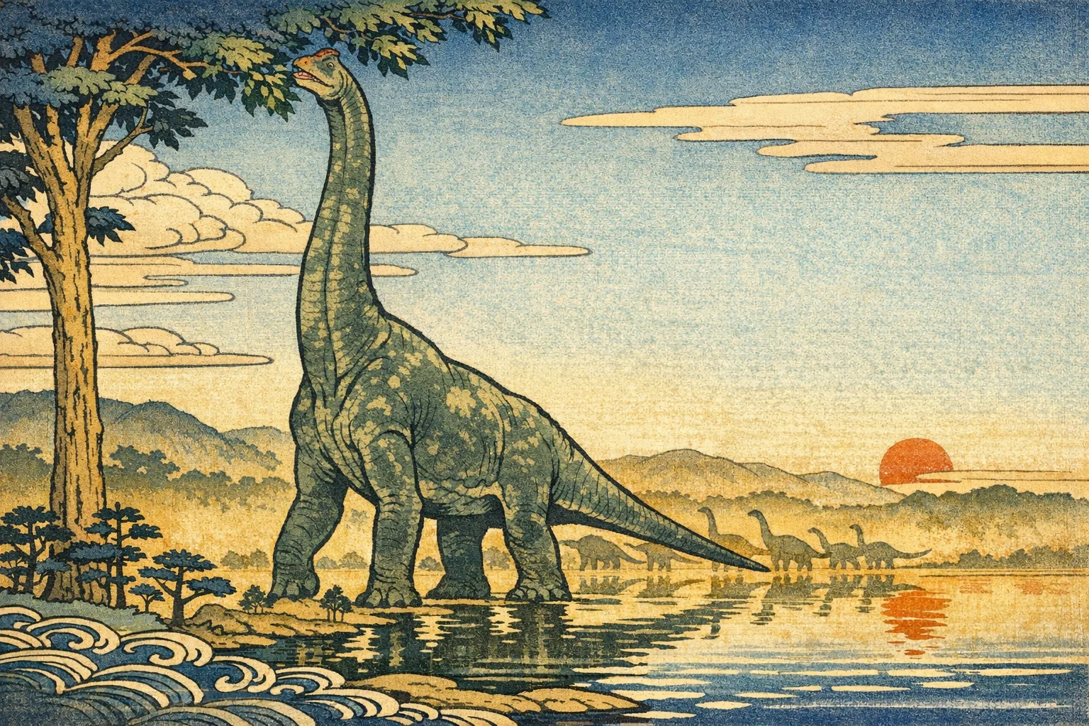 Brachiosaurus — Ukiyo-e: Japanese woodblock, flat colour and carved line
