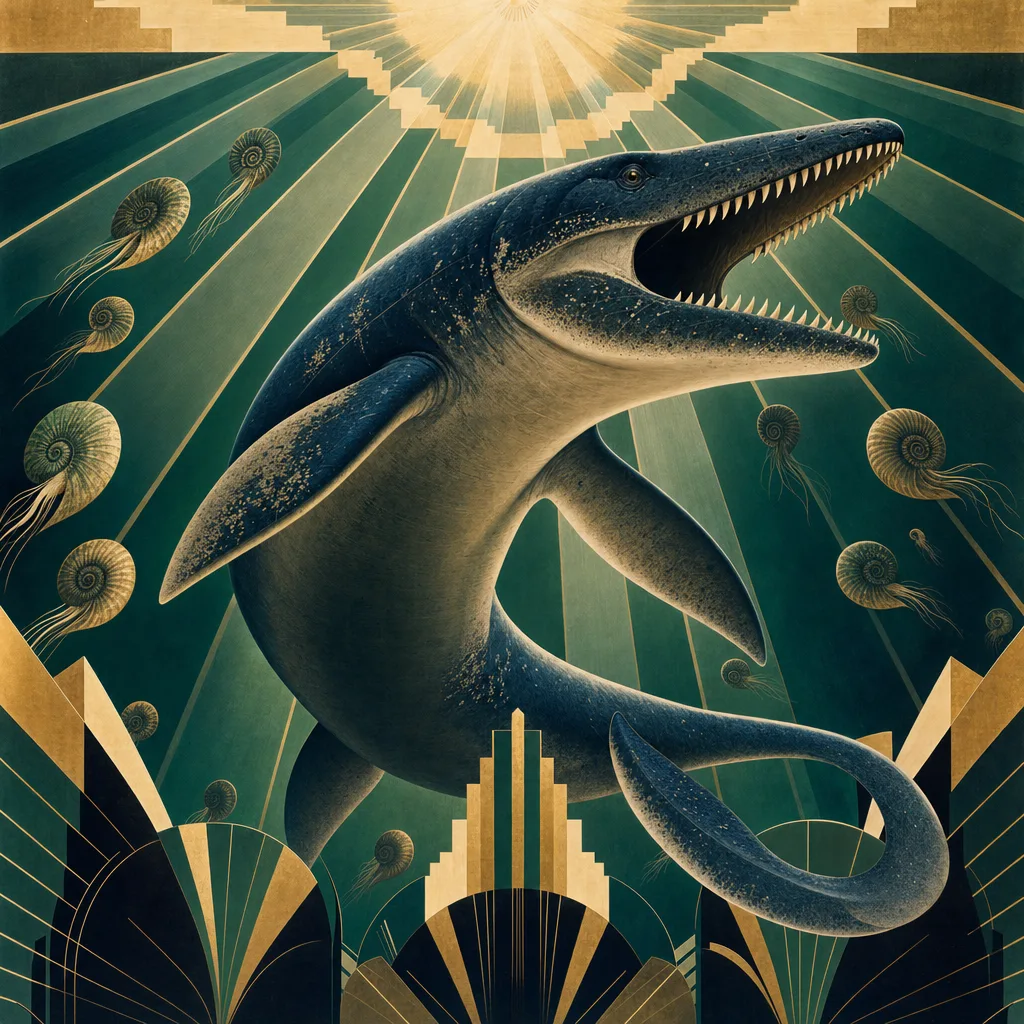 Mosasaurus — Art Deco: Streamlined travel-poster geometry, metallic · alternate