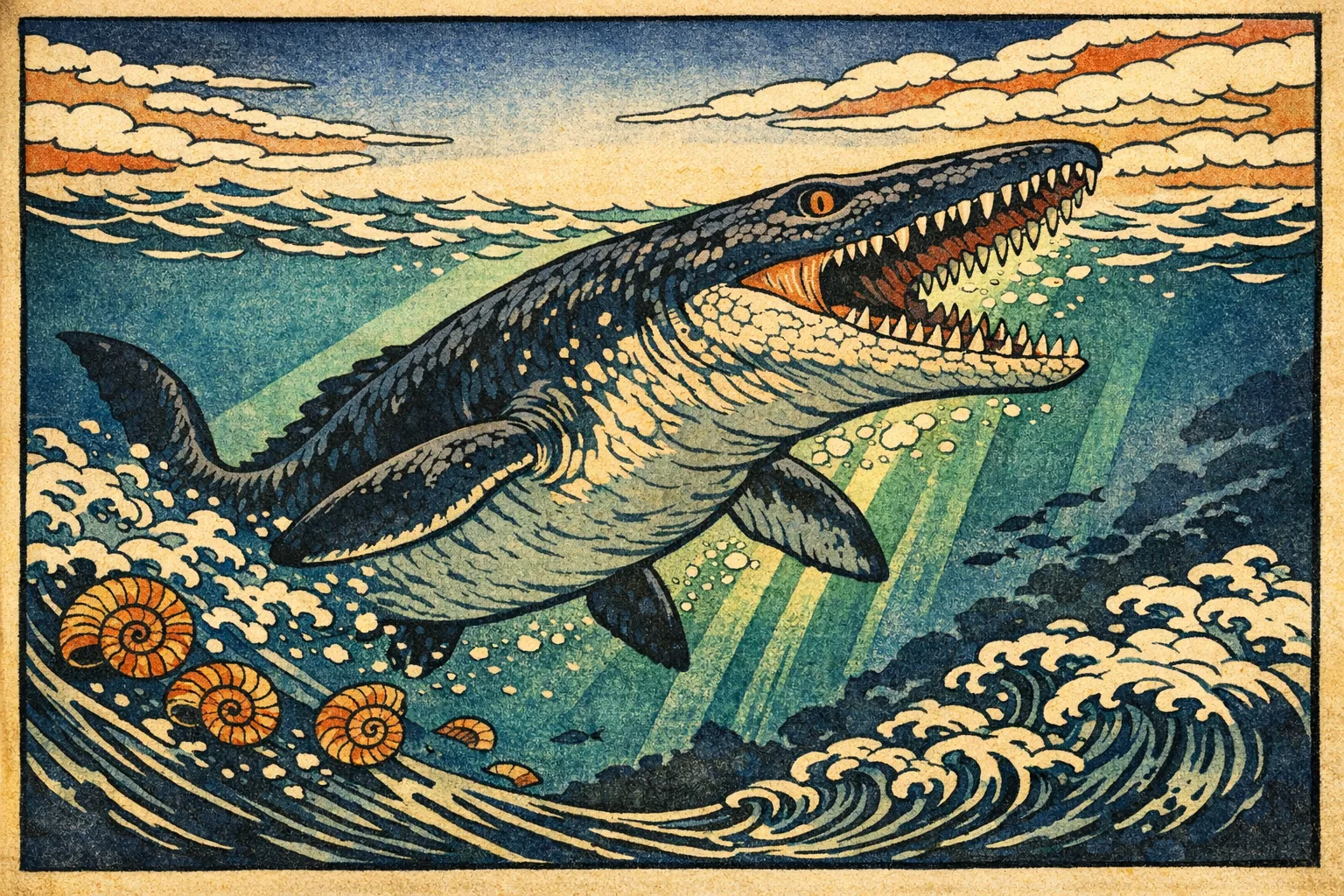 Mosasaurus — Ukiyo-e: Japanese woodblock, flat colour and carved line