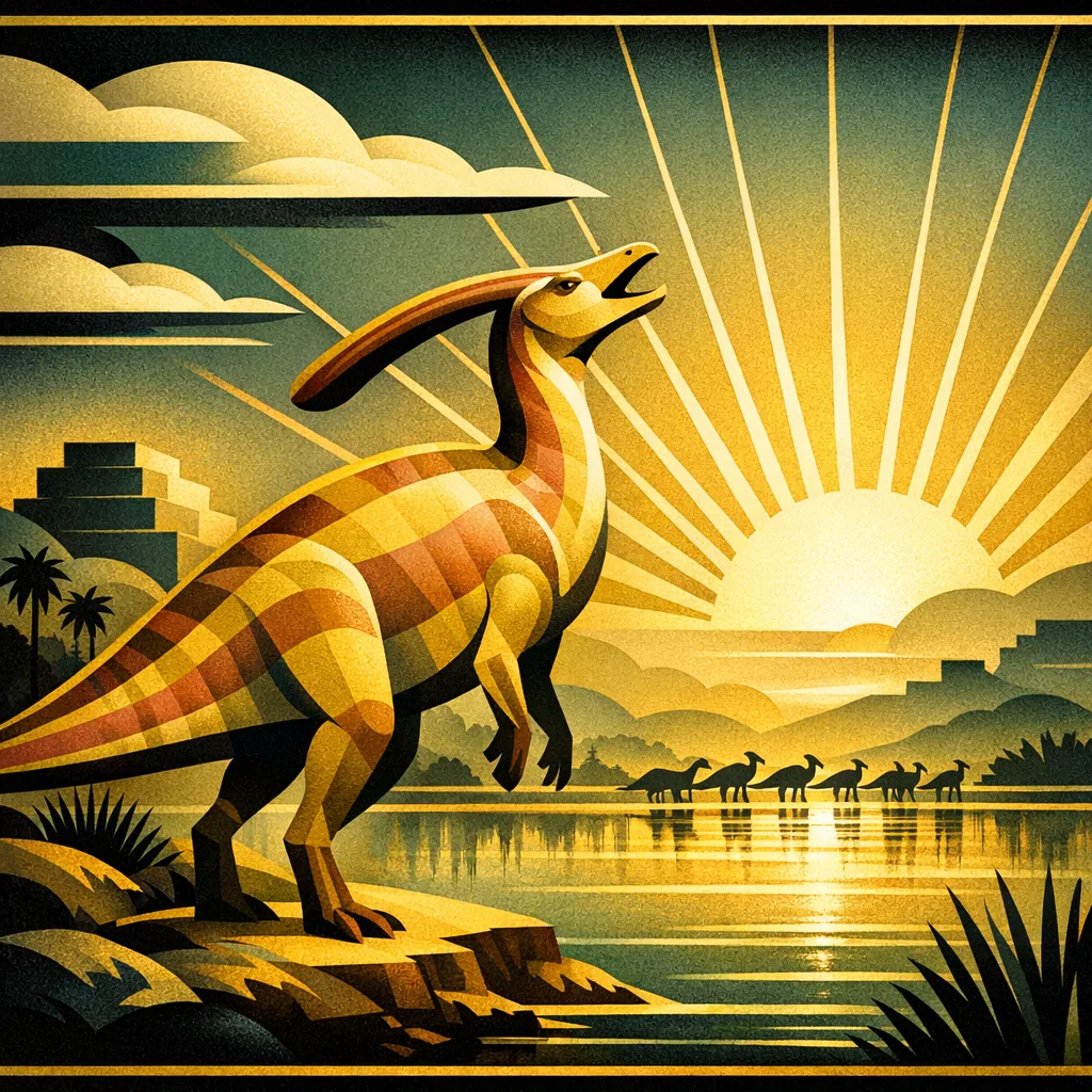 Parasaurolophus — Art Deco: Streamlined travel-poster geometry, metallic