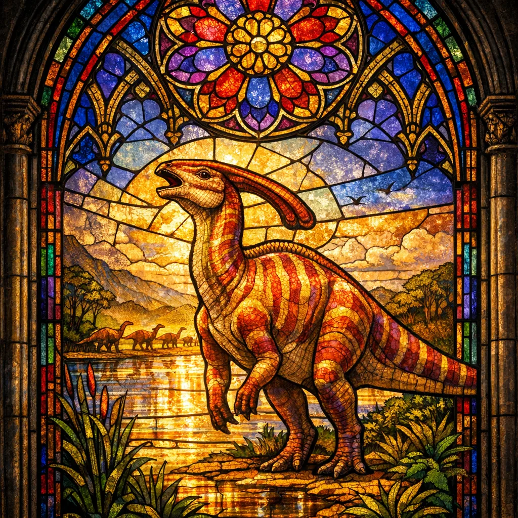 Parasaurolophus — Stained Glass: Jewel-toned leaded cathedral window