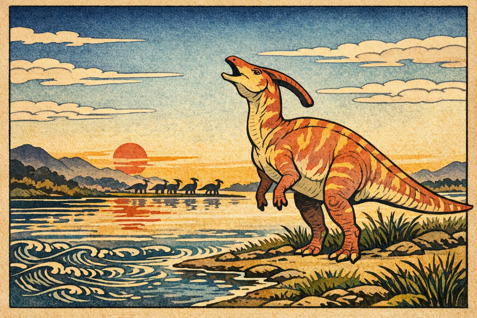Parasaurolophus — Ukiyo-e: Japanese woodblock, flat colour and carved line