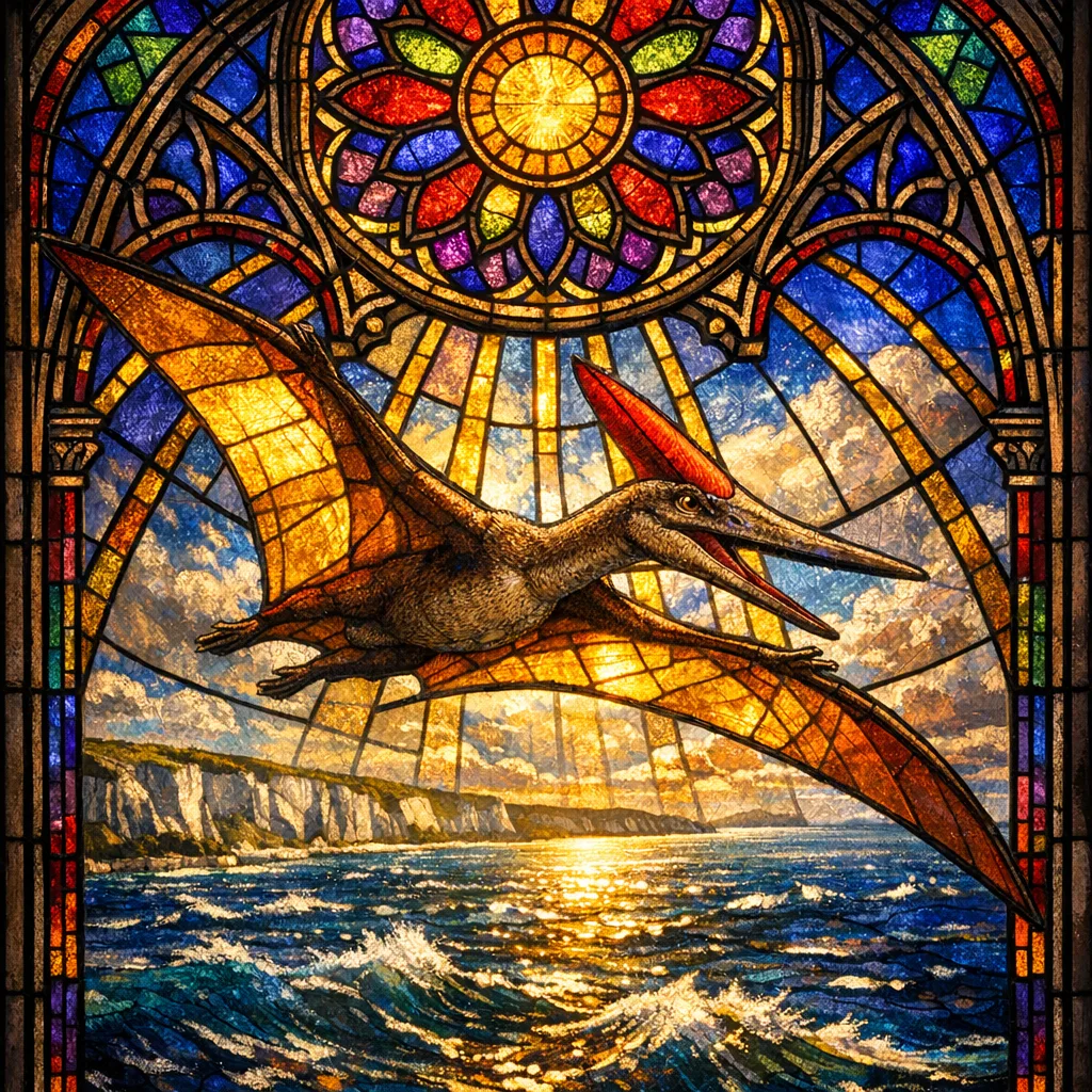 Pteranodon — Stained Glass: Jewel-toned leaded cathedral window