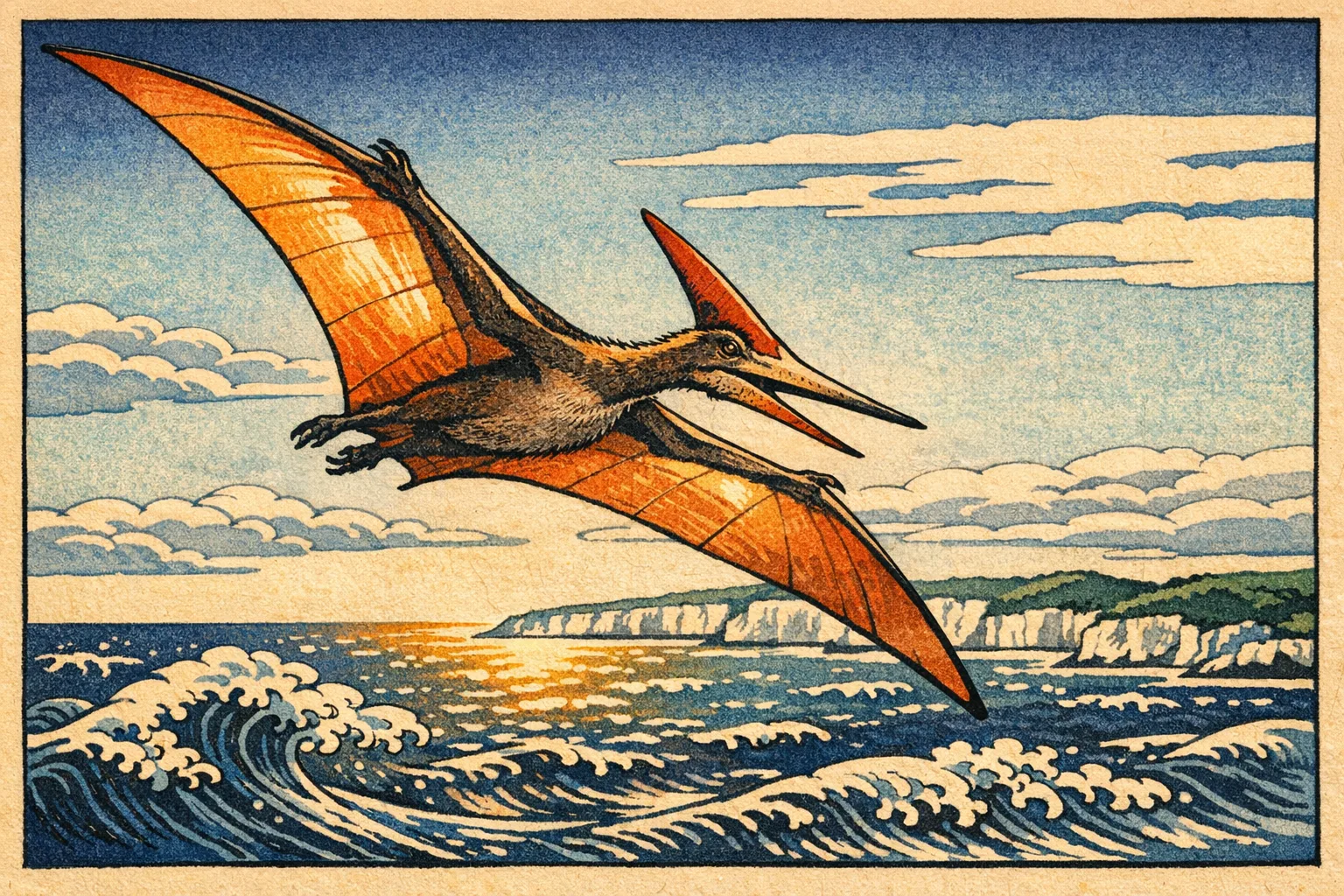 Pteranodon — Ukiyo-e: Japanese woodblock, flat colour and carved line