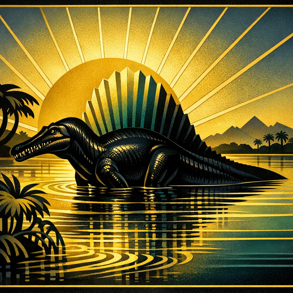 Spinosaurus — Art Deco: Streamlined travel-poster geometry, metallic