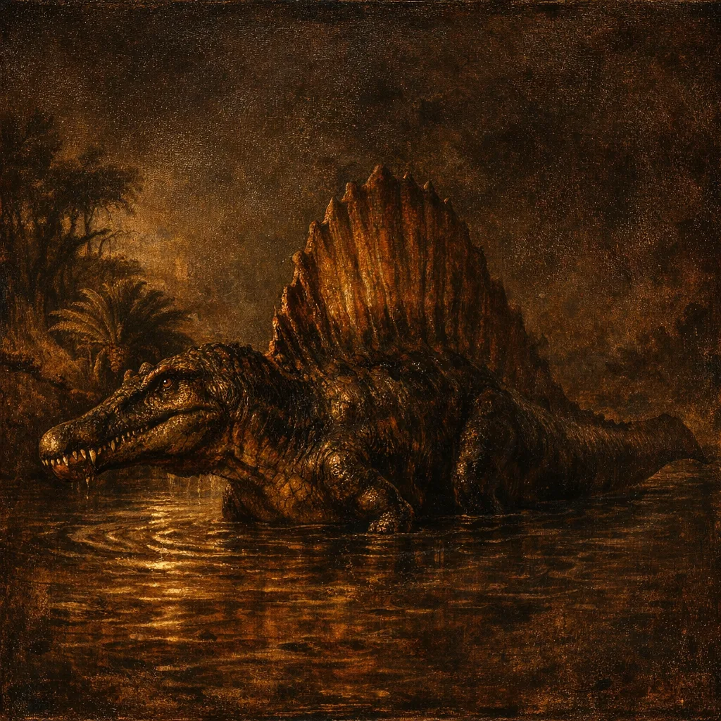 Spinosaurus — Dutch Master: Rembrandt chiaroscuro, firelight and deep shadow