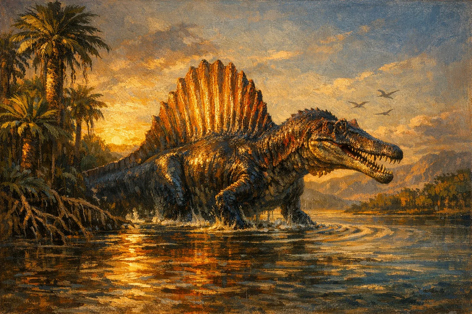 Spinosaurus — Museum Paleoart: Monumental oil on canvas, golden hour