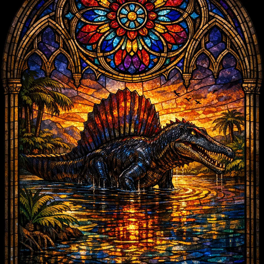 Spinosaurus — Stained Glass: Jewel-toned leaded cathedral window