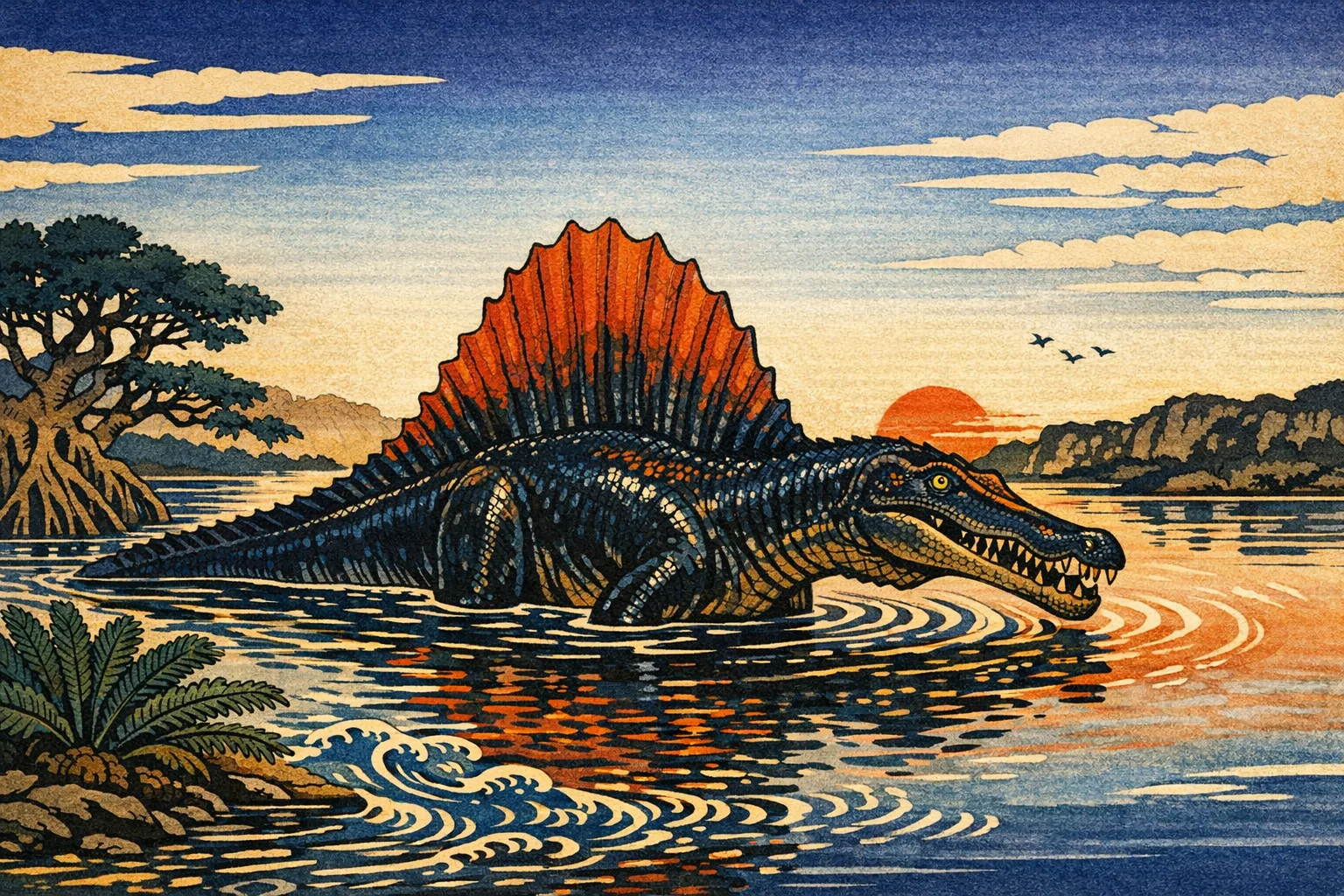 Spinosaurus — Ukiyo-e: Japanese woodblock, flat colour and carved line