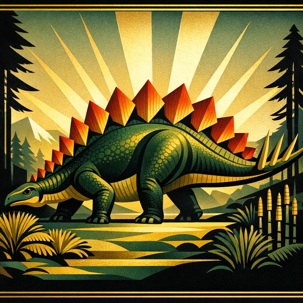 Stegosaurus — Art Deco: Streamlined travel-poster geometry, metallic