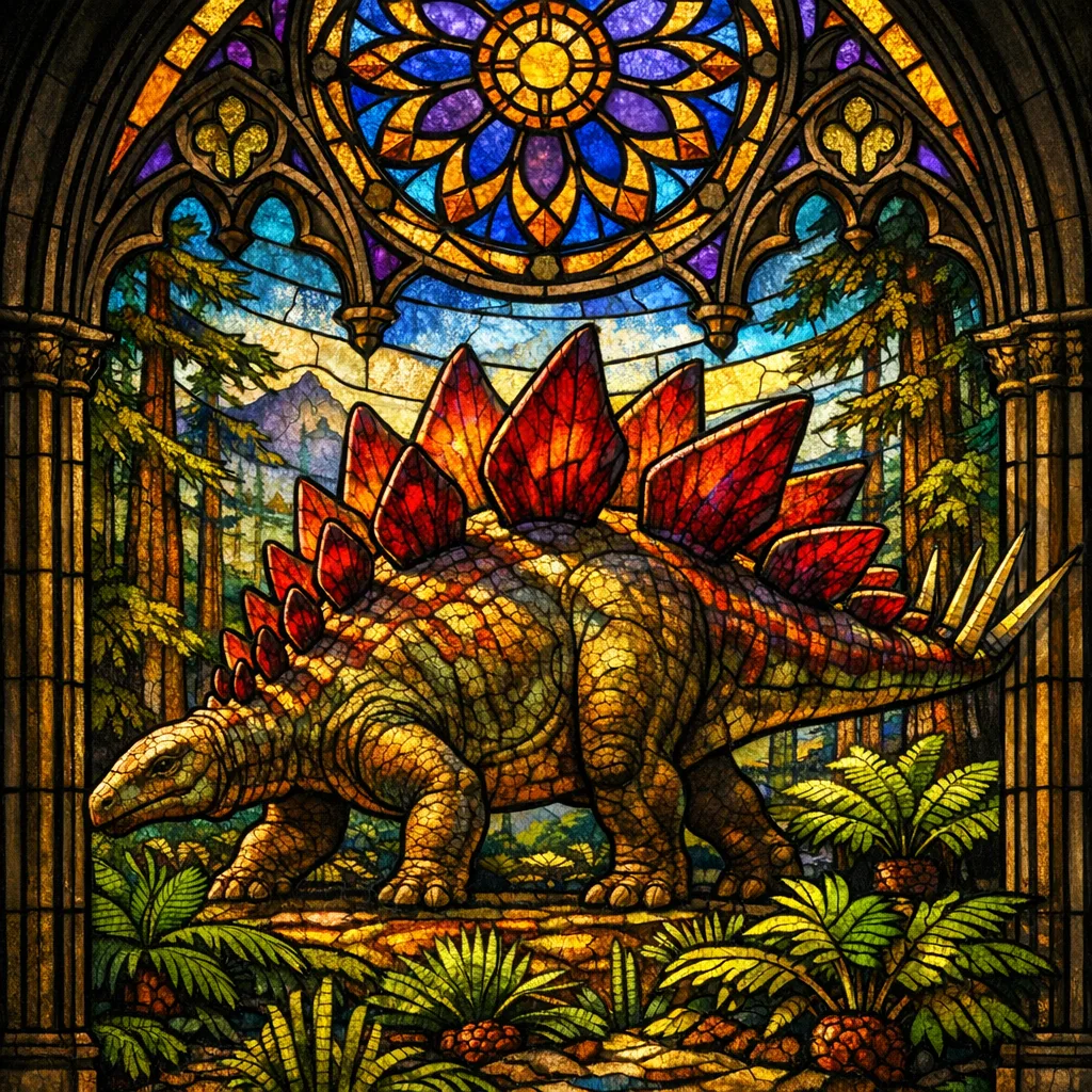 Stegosaurus — Stained Glass: Jewel-toned leaded cathedral window