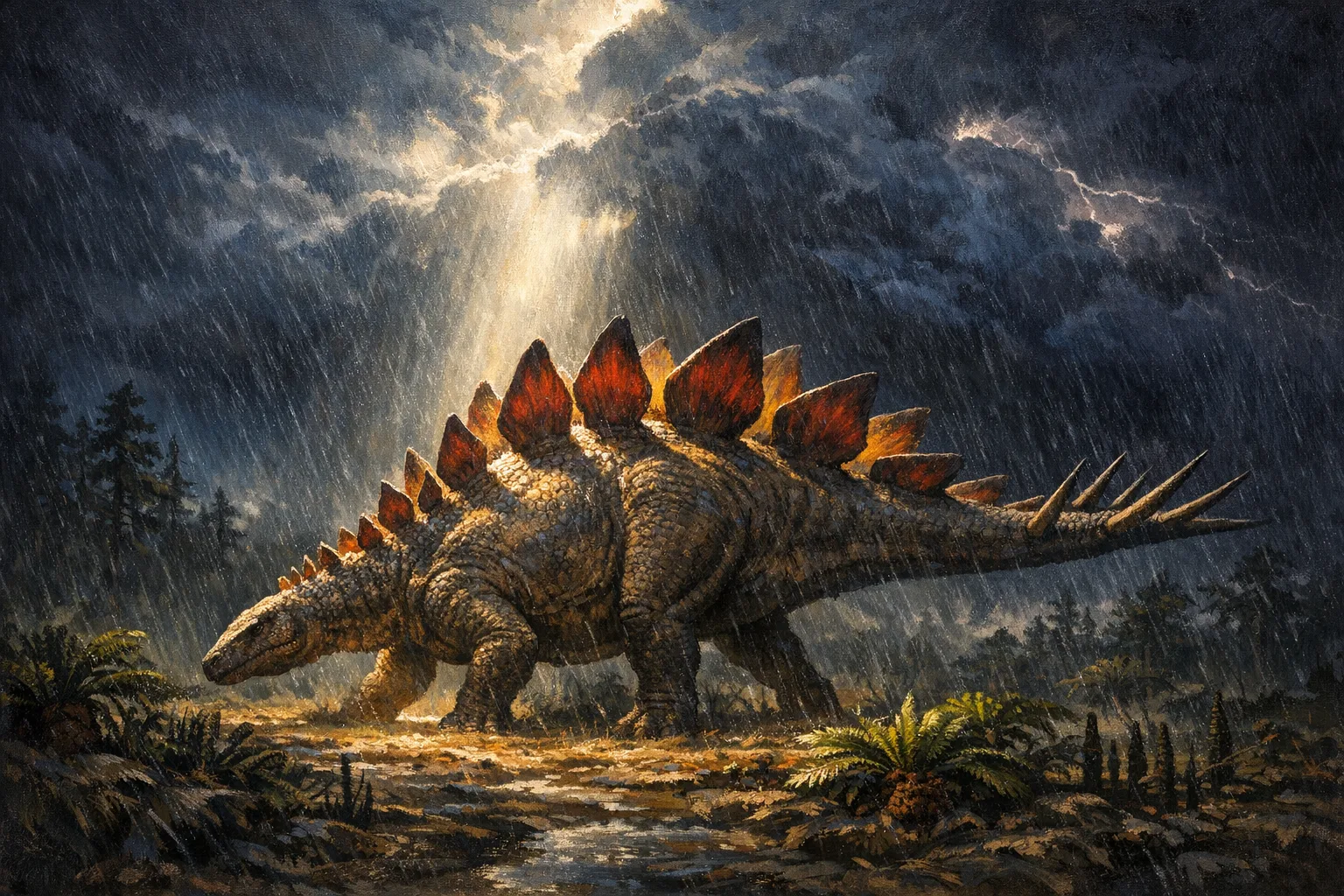 Stegosaurus — Storm Light: Dramatic storm-lit cinematic paleoart