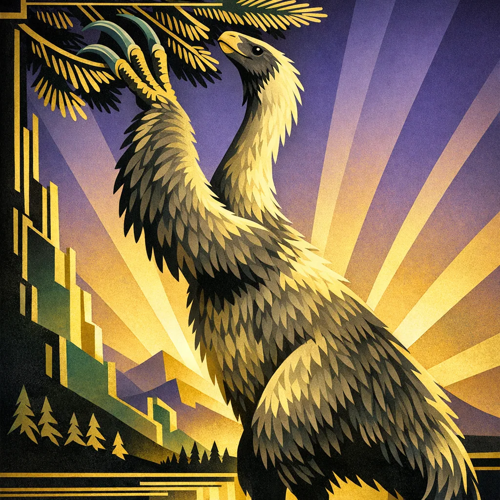 Therizinosaurus — Art Deco: Streamlined travel-poster geometry, metallic