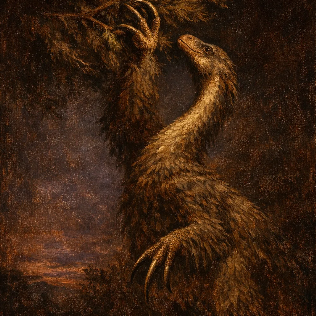Therizinosaurus — Dutch Master: Rembrandt chiaroscuro, firelight and deep shadow