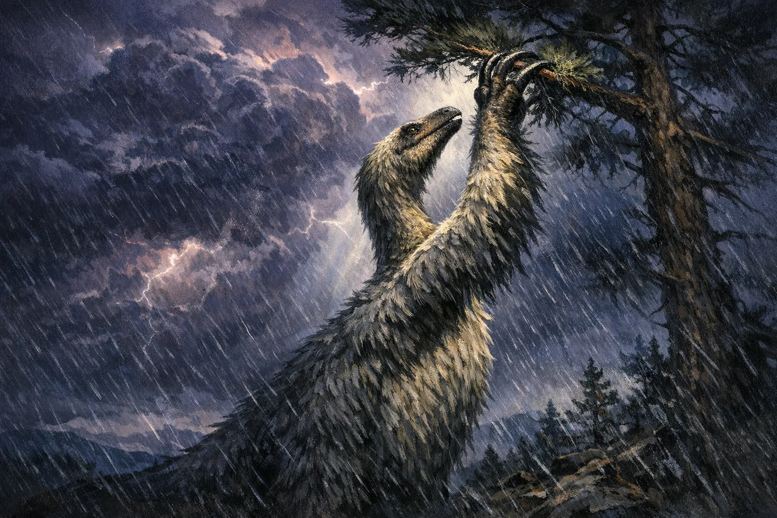 Therizinosaurus — Storm Light: Dramatic storm-lit cinematic paleoart