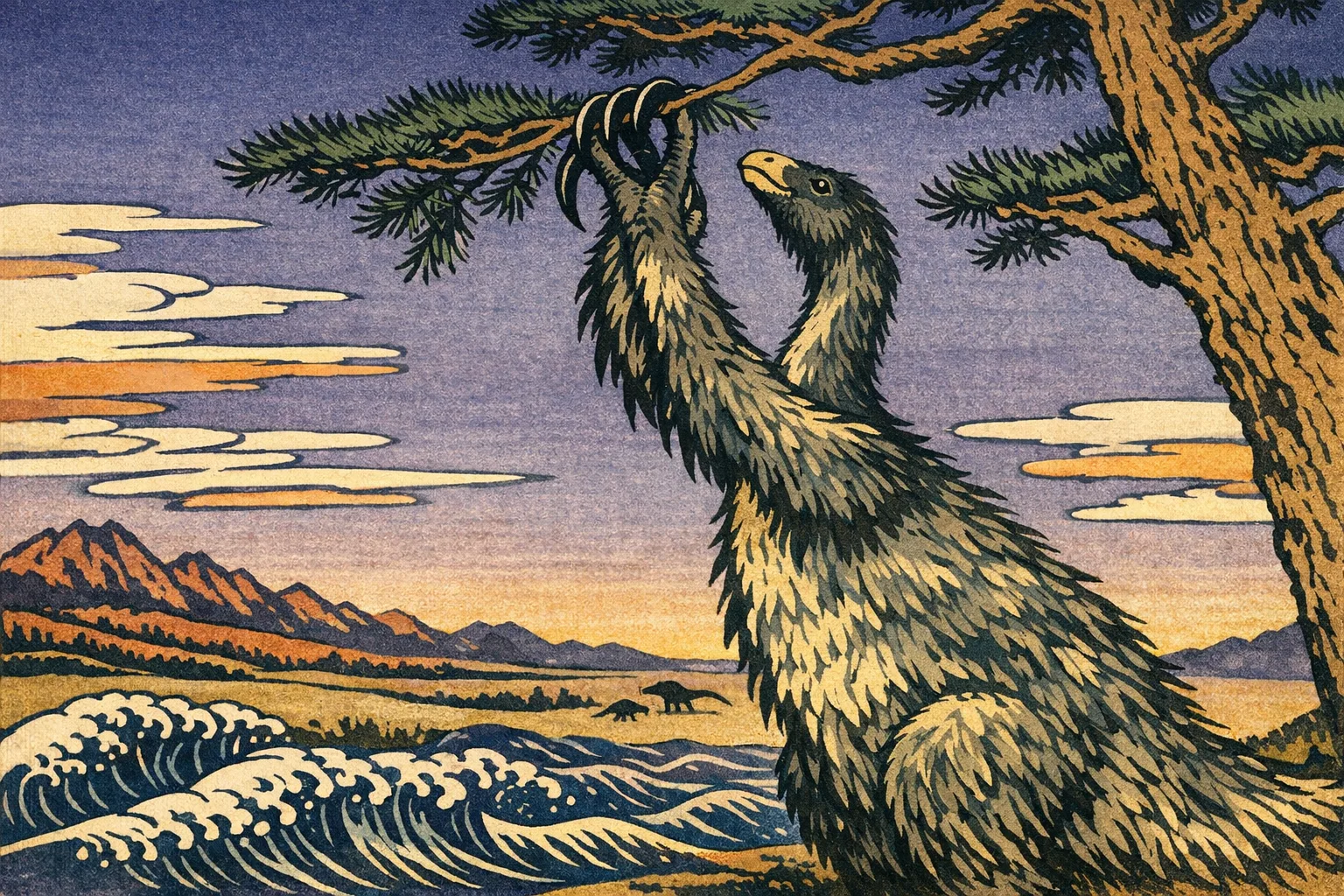 Therizinosaurus — Ukiyo-e: Japanese woodblock, flat colour and carved line