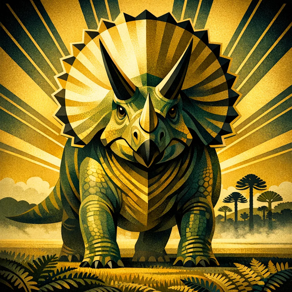 Triceratops — Art Deco: Streamlined travel-poster geometry, metallic