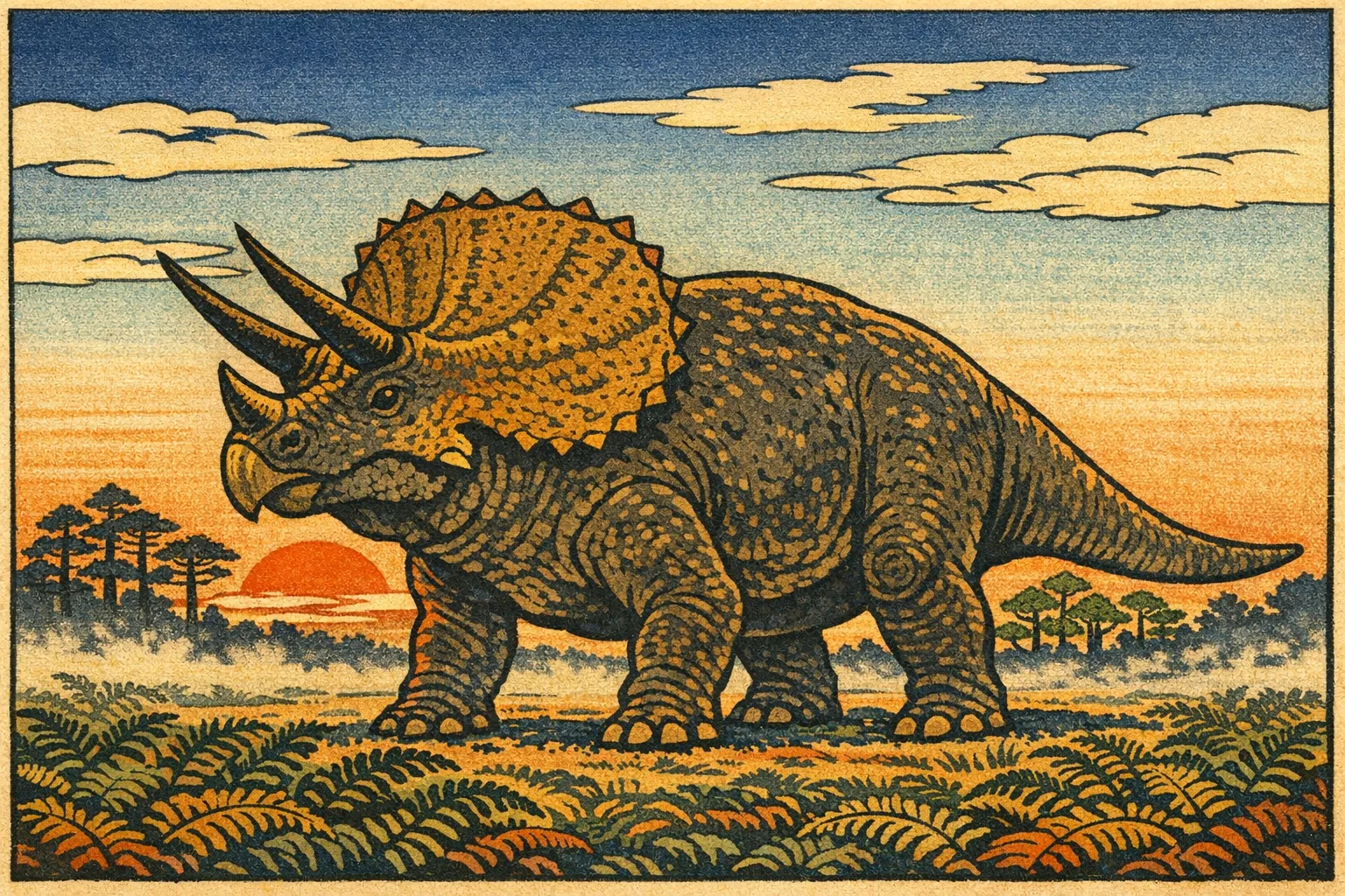 Triceratops — Ukiyo-e: Japanese woodblock, flat colour and carved line