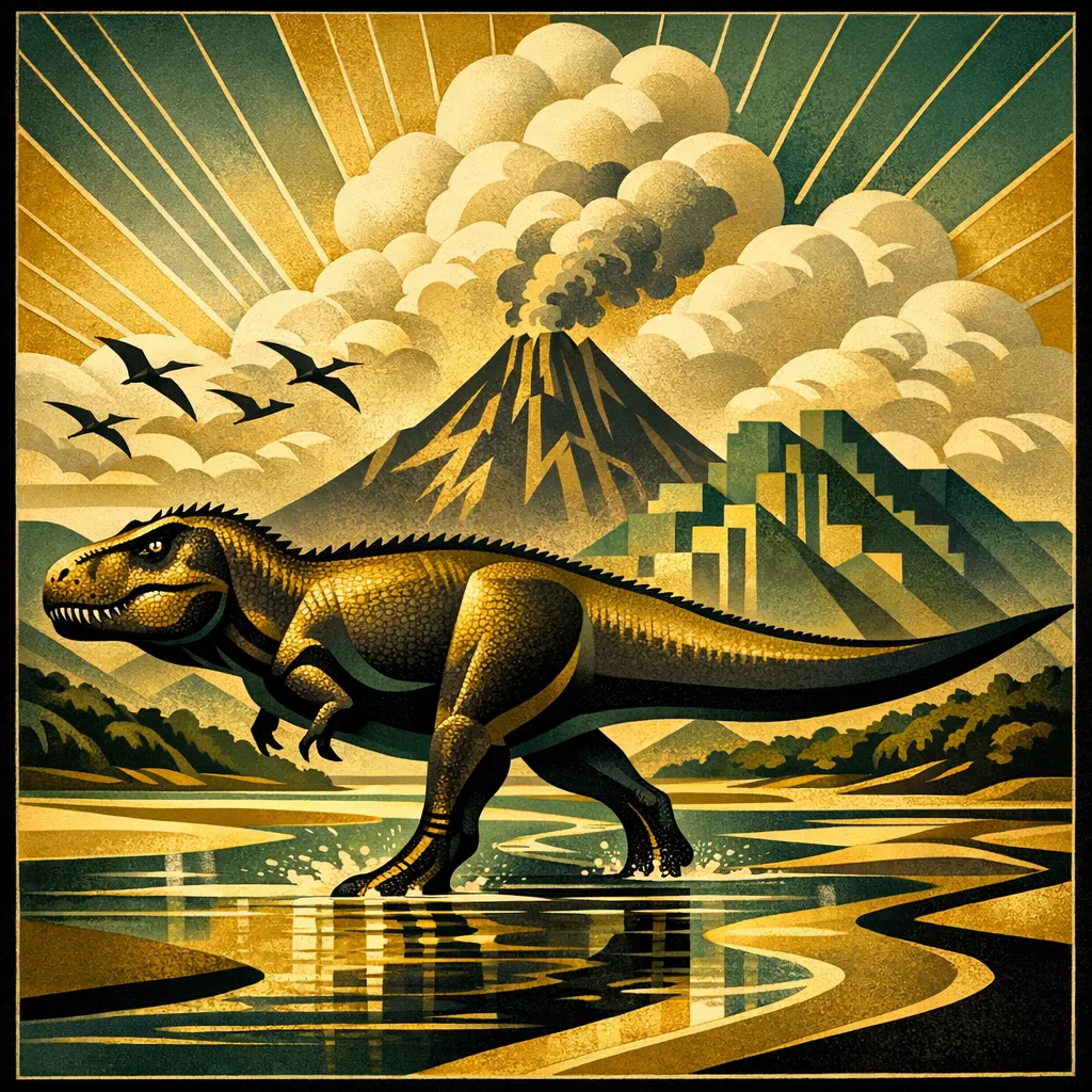 T. rex — Art Deco: Streamlined travel-poster geometry, metallic