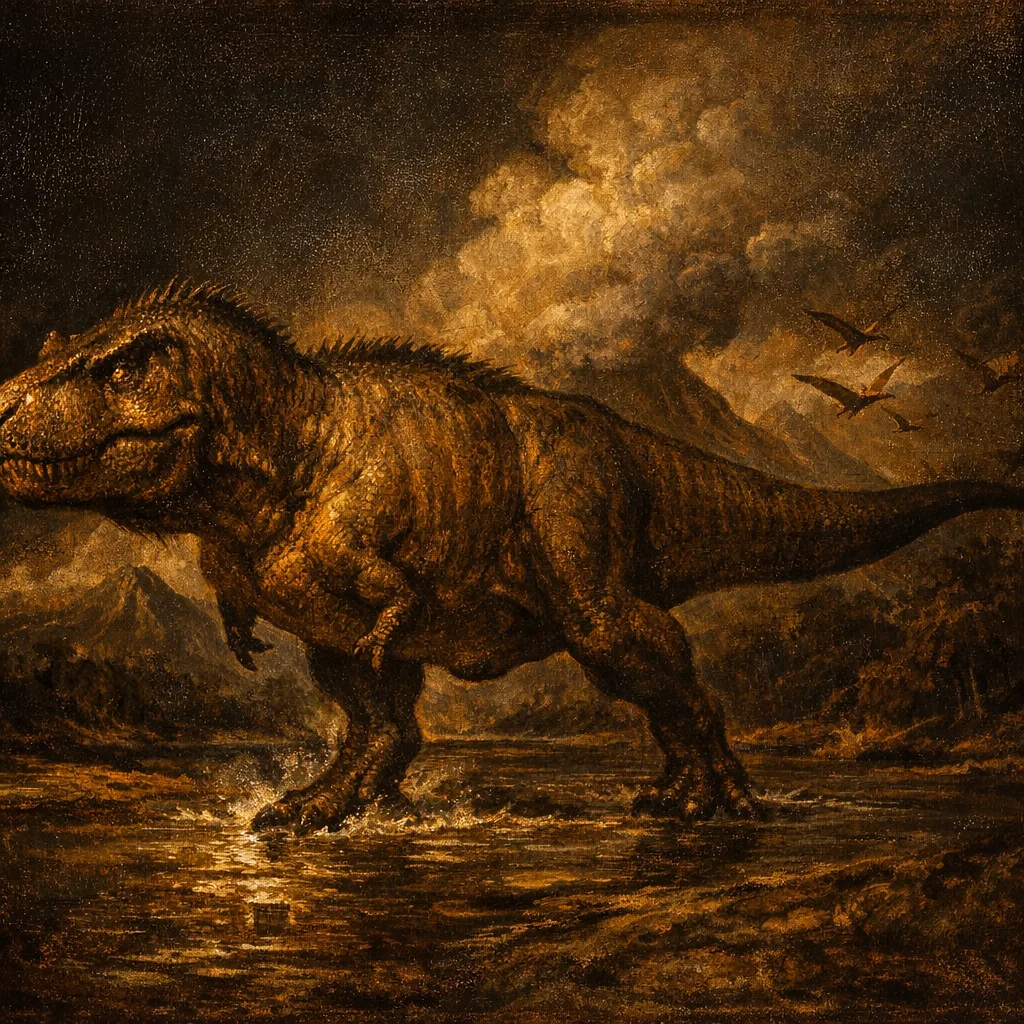 T. rex — Dutch Master: Rembrandt chiaroscuro, firelight and deep shadow