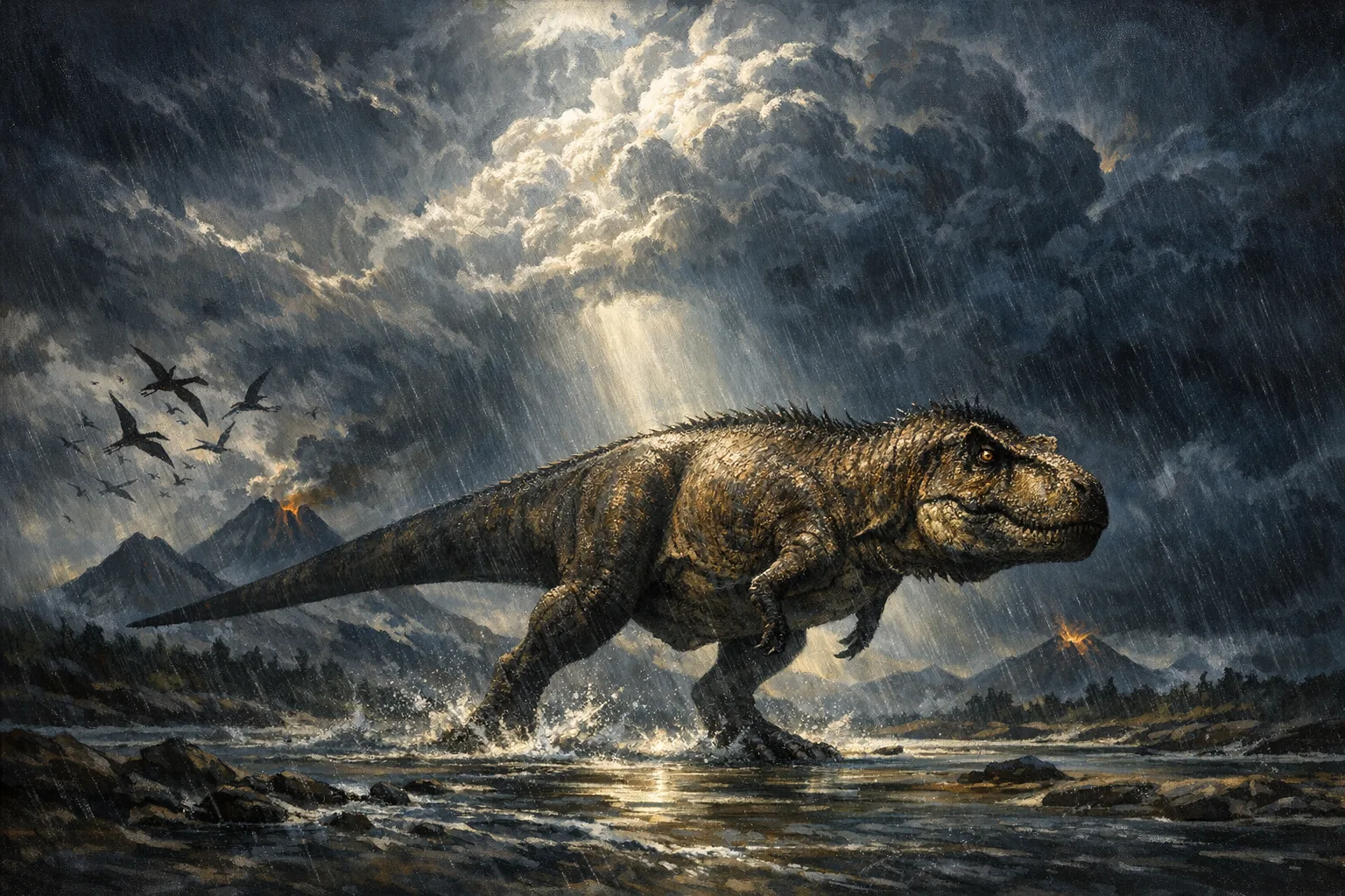 T. rex — Storm Light: Dramatic storm-lit cinematic paleoart