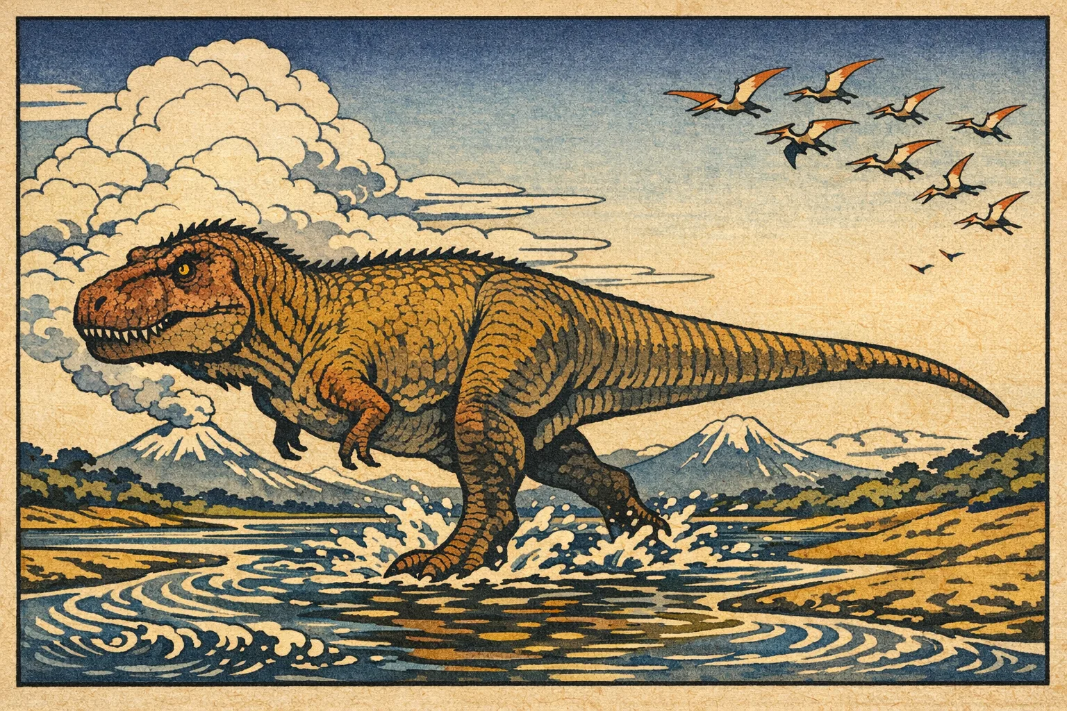 T. rex — Ukiyo-e: Japanese woodblock, flat colour and carved line