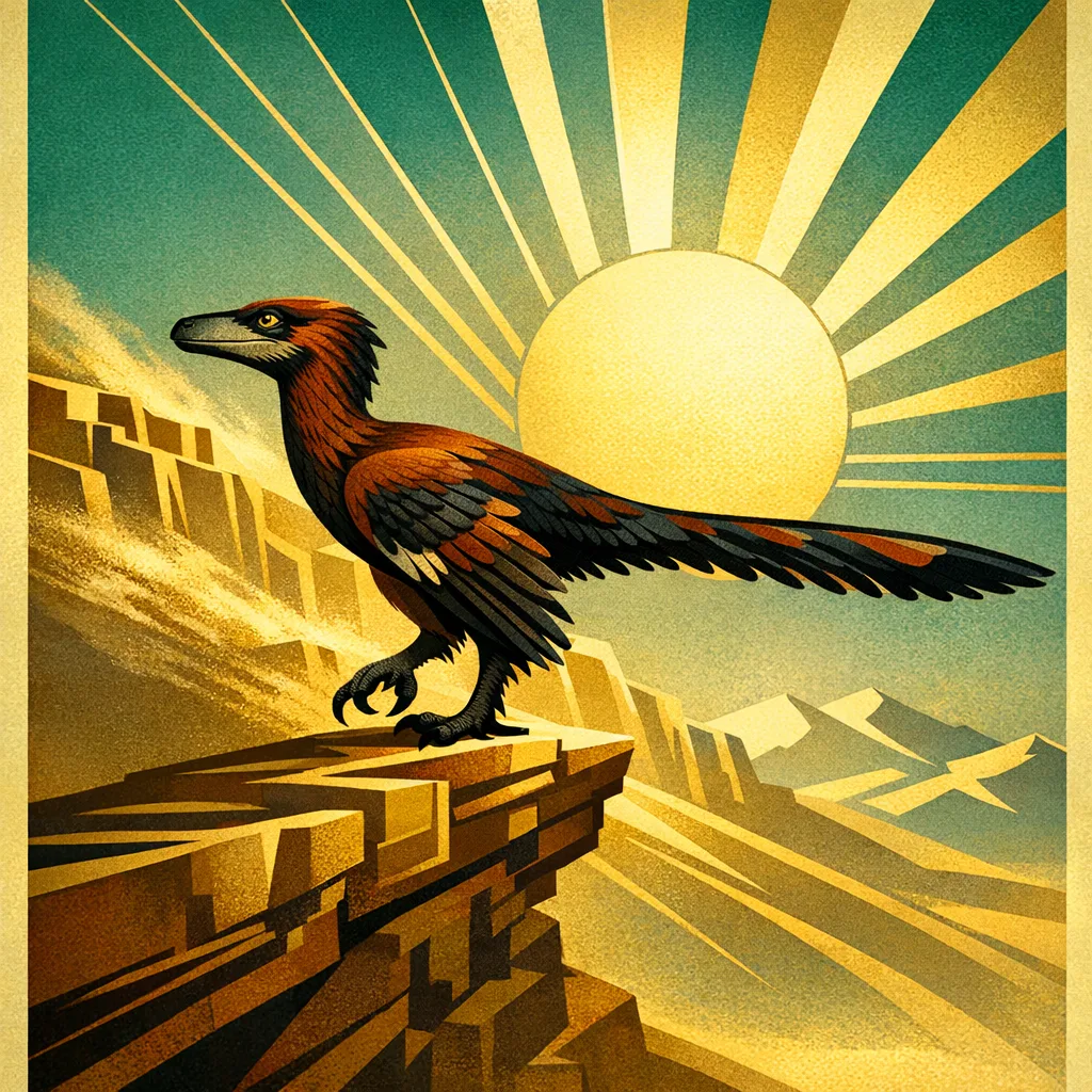 Velociraptor — Art Deco: Streamlined travel-poster geometry, metallic