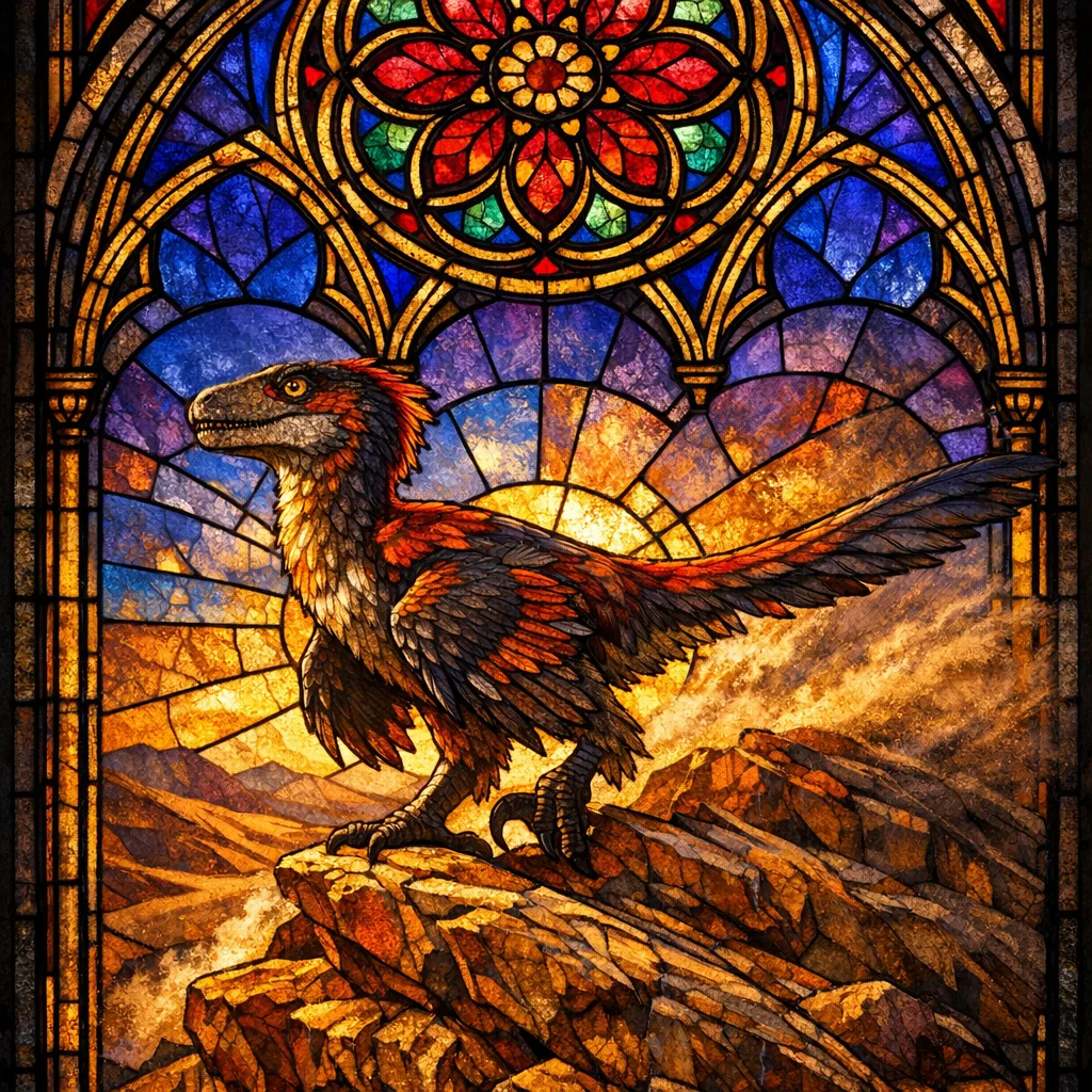 Velociraptor — Stained Glass: Jewel-toned leaded cathedral window