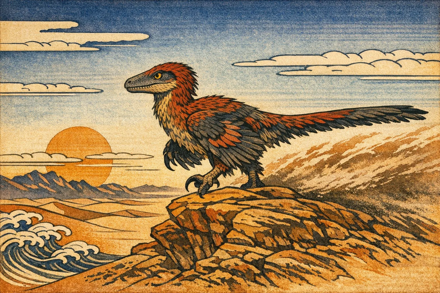 Velociraptor — Ukiyo-e: Japanese woodblock, flat colour and carved line
